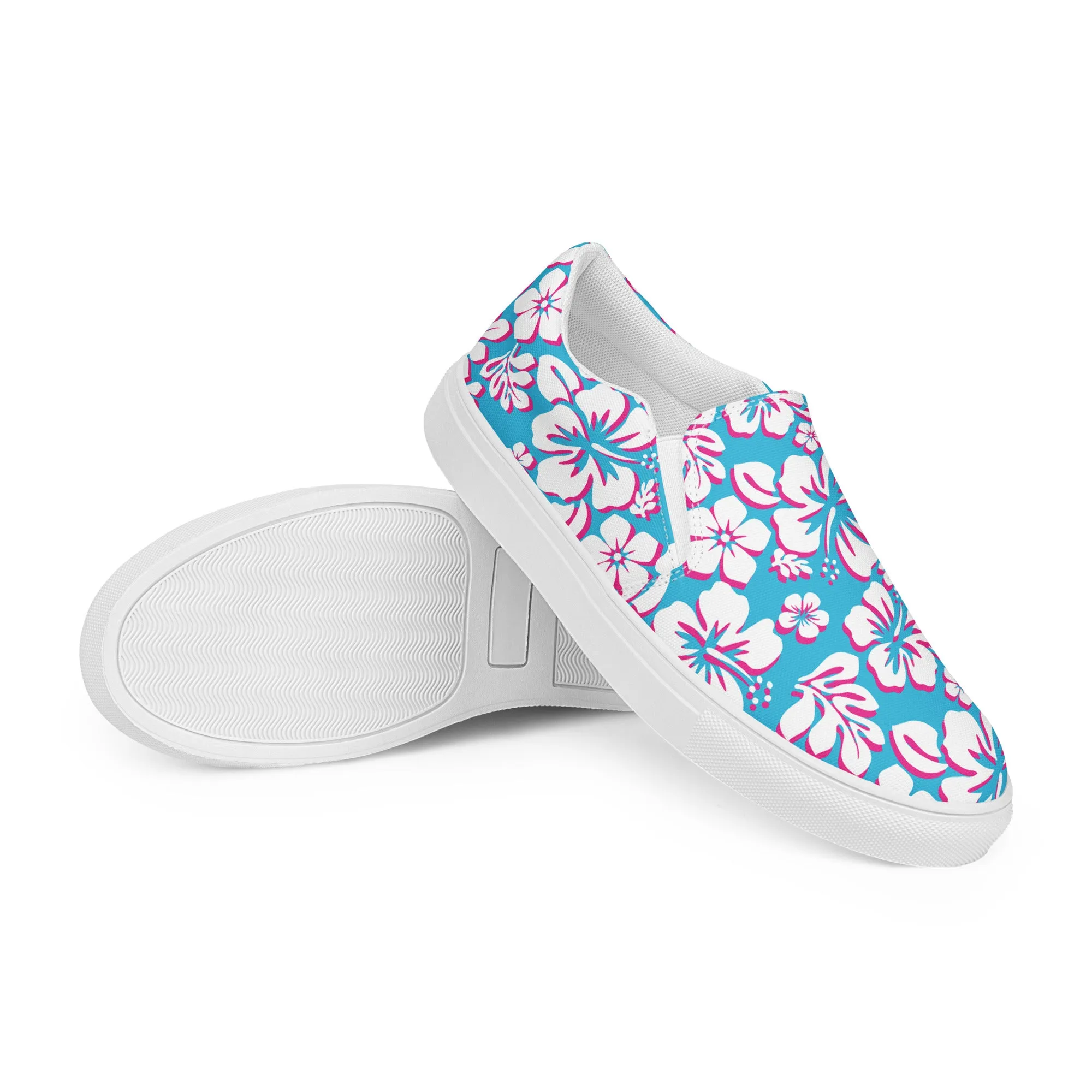 Aqua Blue, Hot Pink and White Hawaiian Flowers Men’s Slip On Canvas Shoes