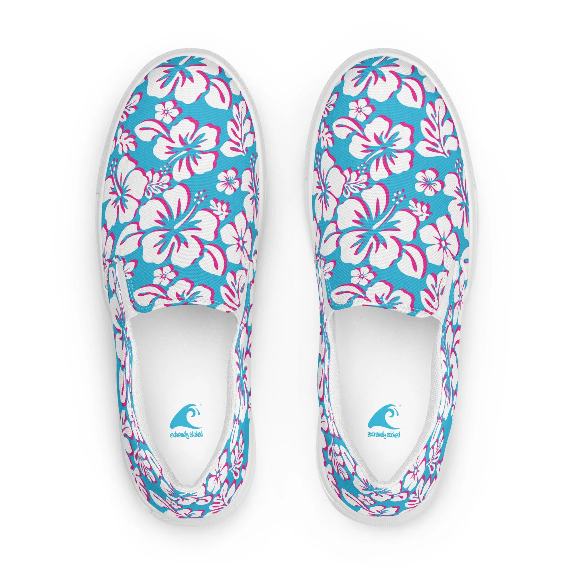 Aqua Blue, Hot Pink and White Hawaiian Flowers Men’s Slip On Canvas Shoes