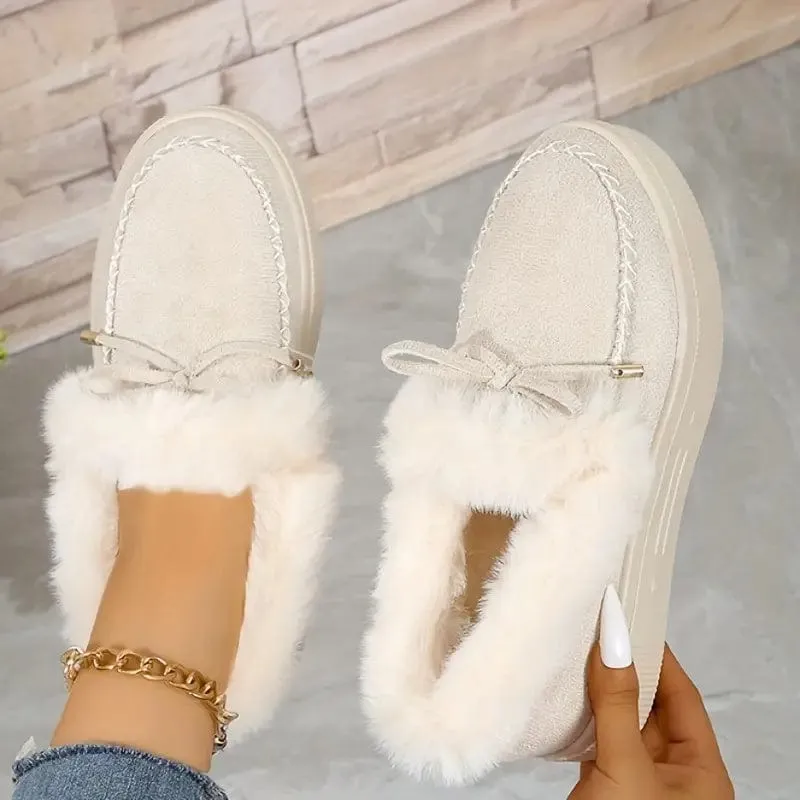 Bow Furry Round Toe Flat Slip-Ons