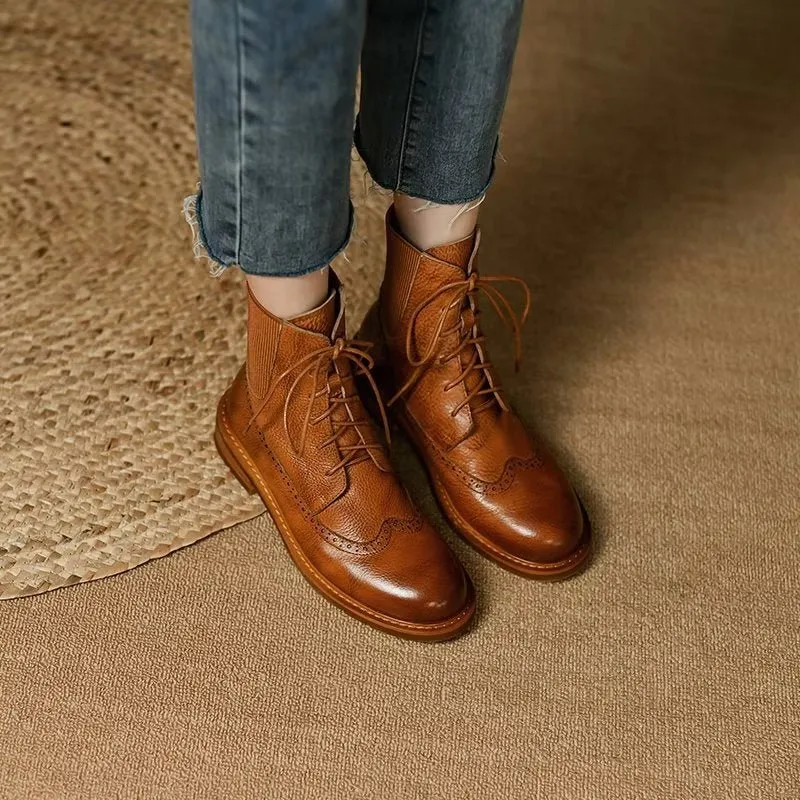 Chic Leather Round Toe Ankle Boots