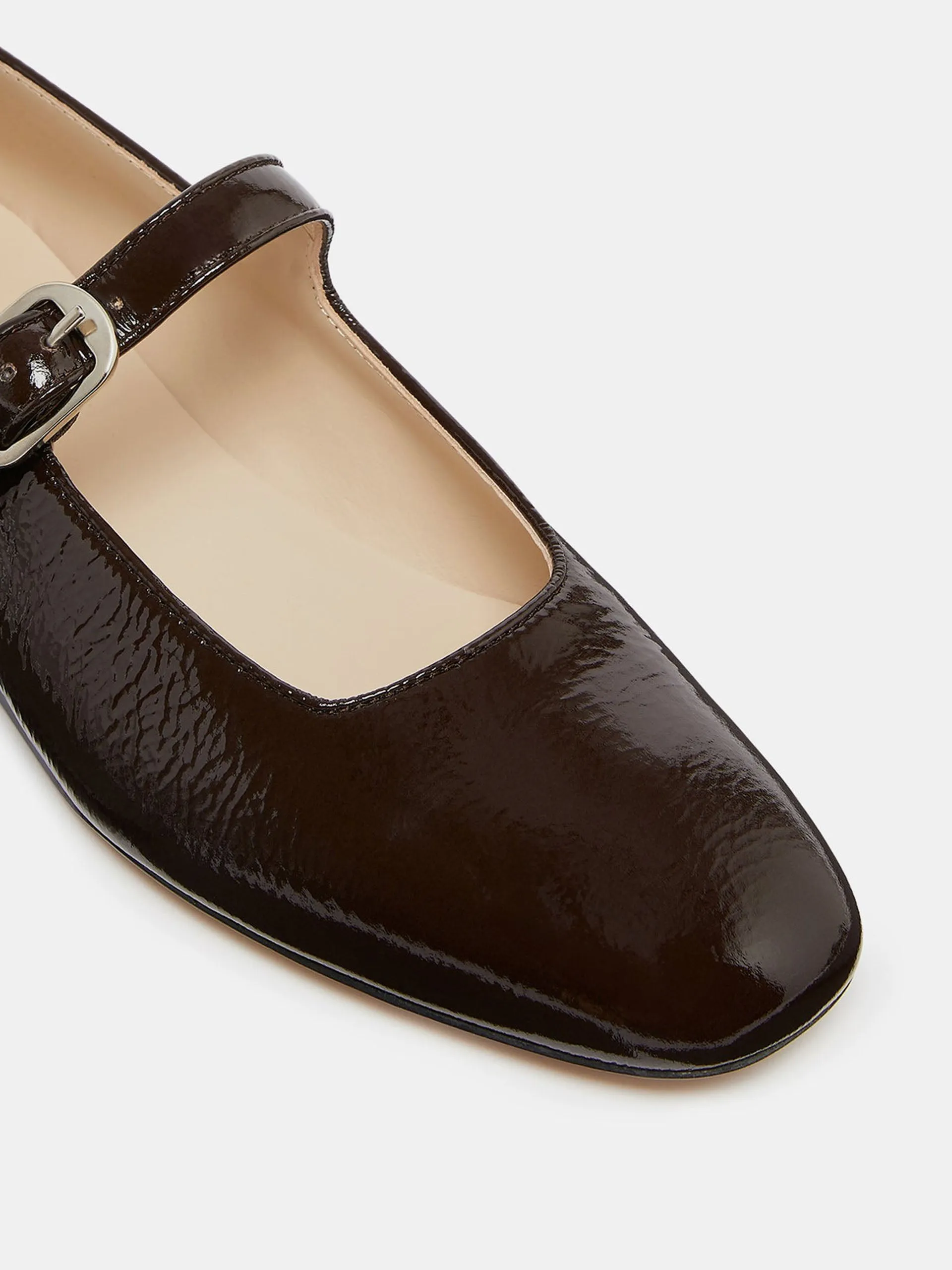 Chocolate patent leather Mary Jane flats