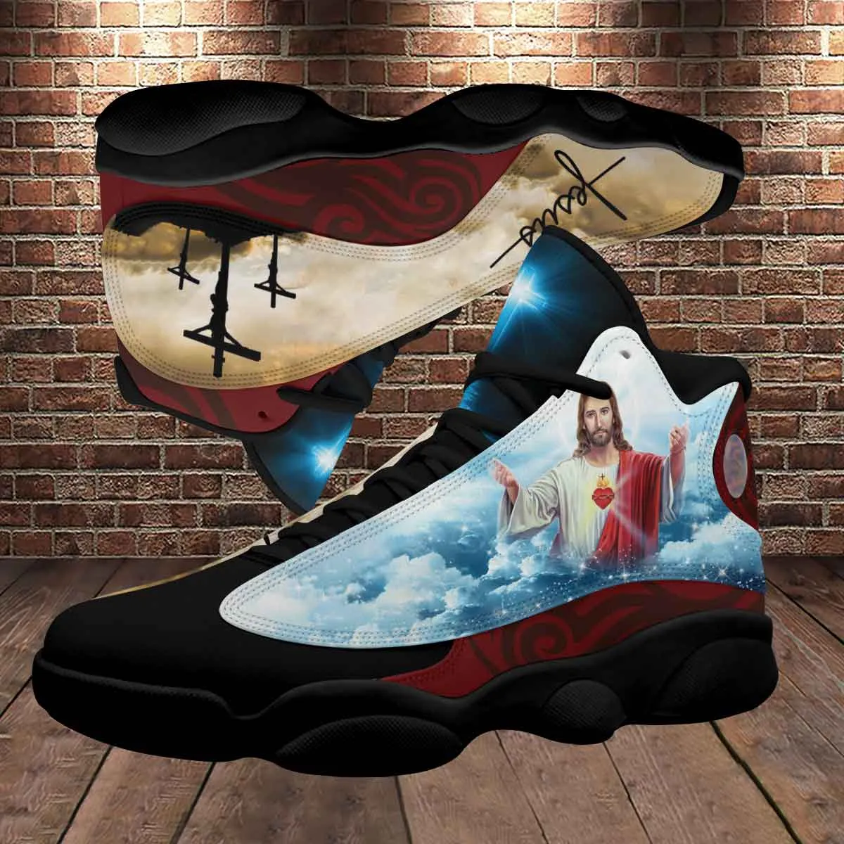 Cross Jesus Portrait Art With Heart Basketball Shoes For Men Women - Christian Shoes - Jesus Shoes - Unisex Basketball Shoes