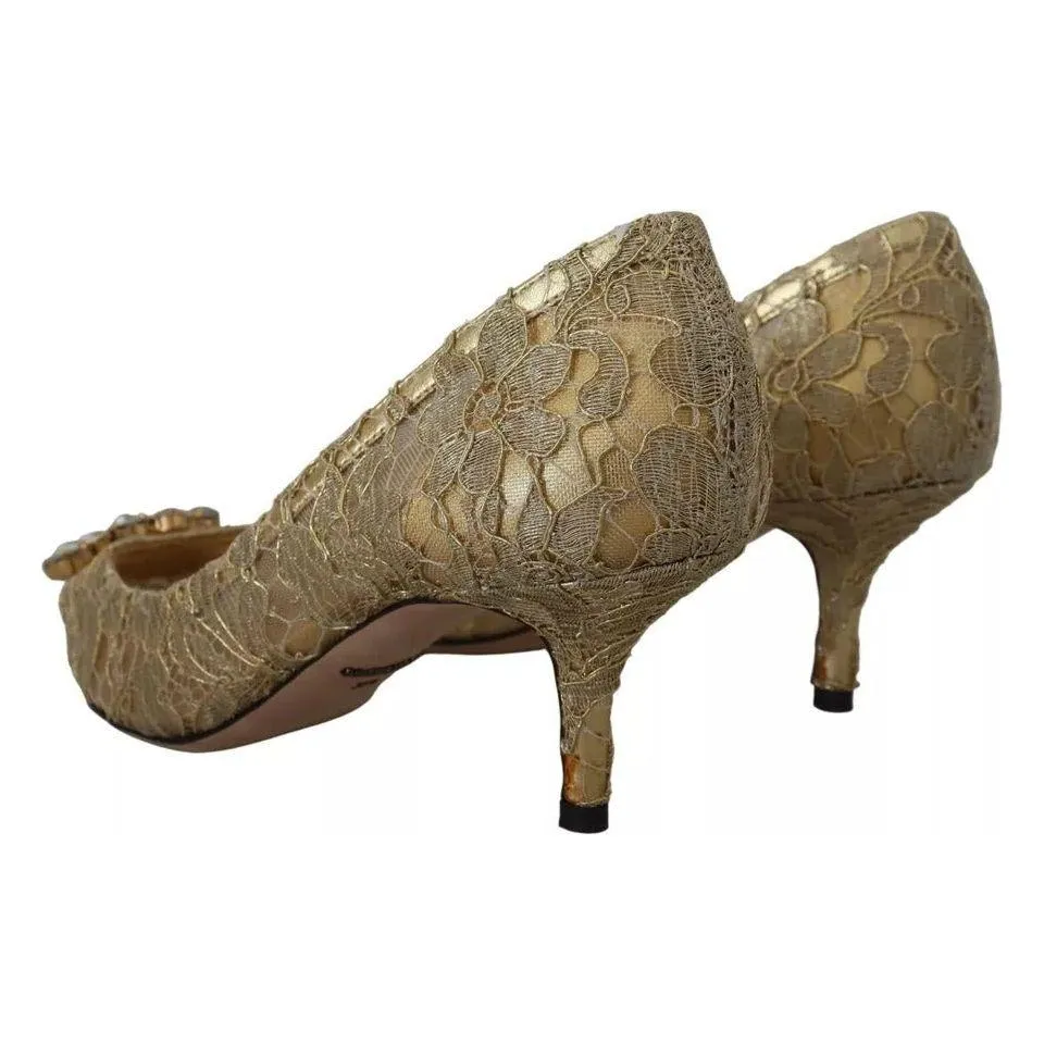 Dolce & Gabbana Gold Taormina Lace Crystal Heels Pumps Shoes