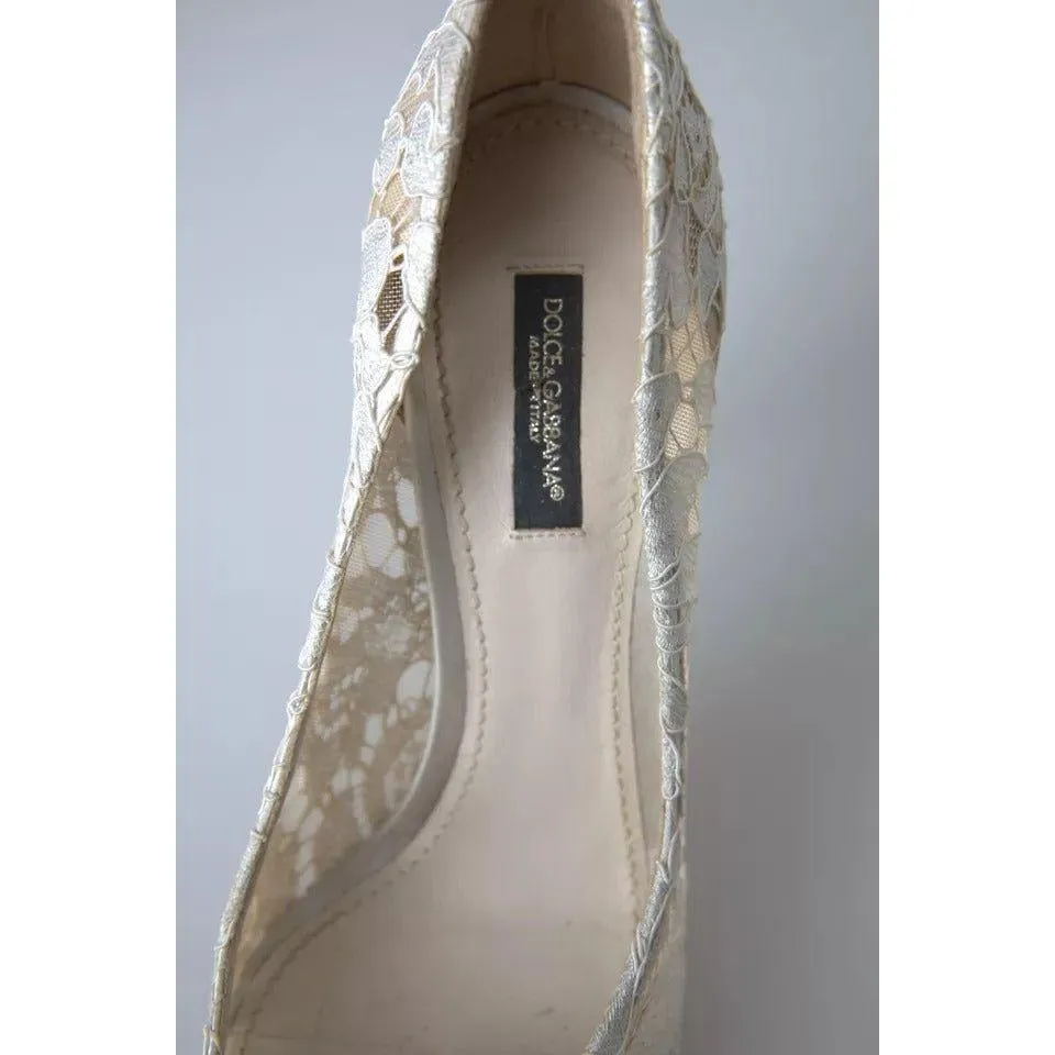 Dolce & Gabbana White Taormina Lace Crystal Heels Pumps Shoes