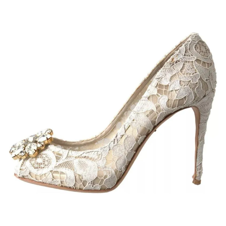 Dolce & Gabbana White Taormina Lace Crystal Heels Pumps Shoes