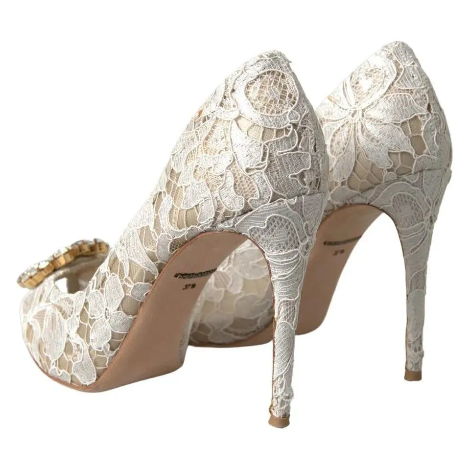 Dolce & Gabbana White Taormina Lace Crystal Heels Pumps Shoes