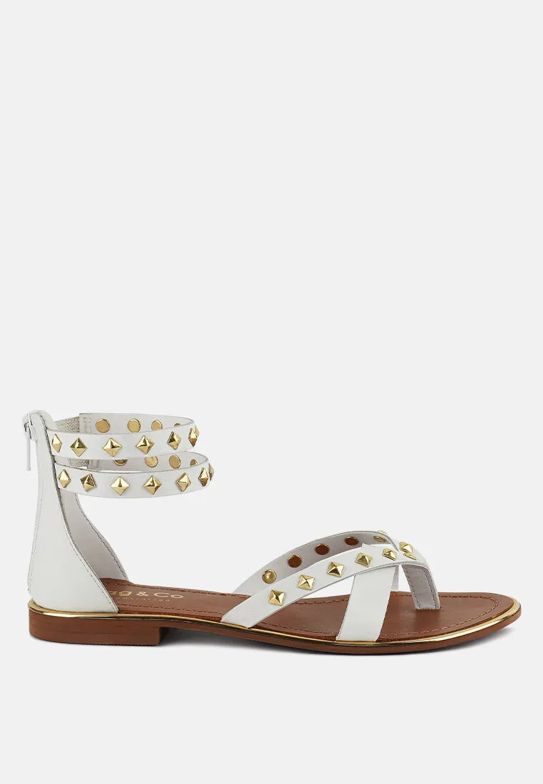 EMMETH Studs Embellished White Flat Gladiator Sandals