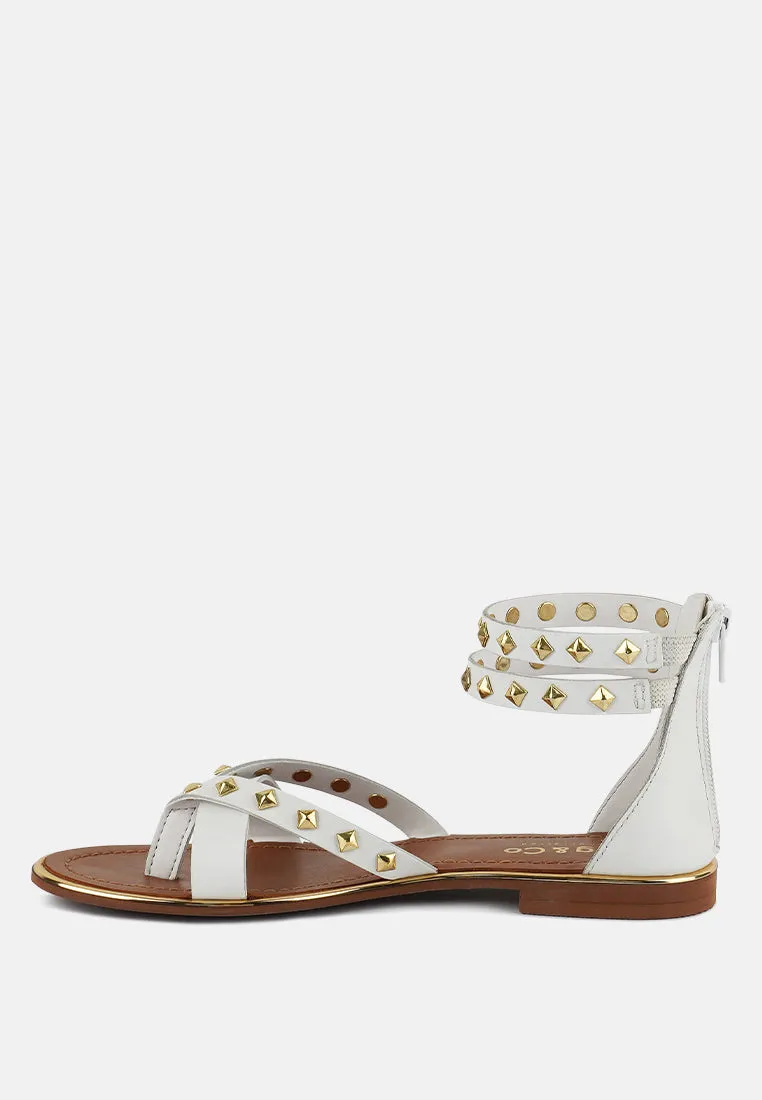 EMMETH Studs Embellished White Flat Gladiator Sandals