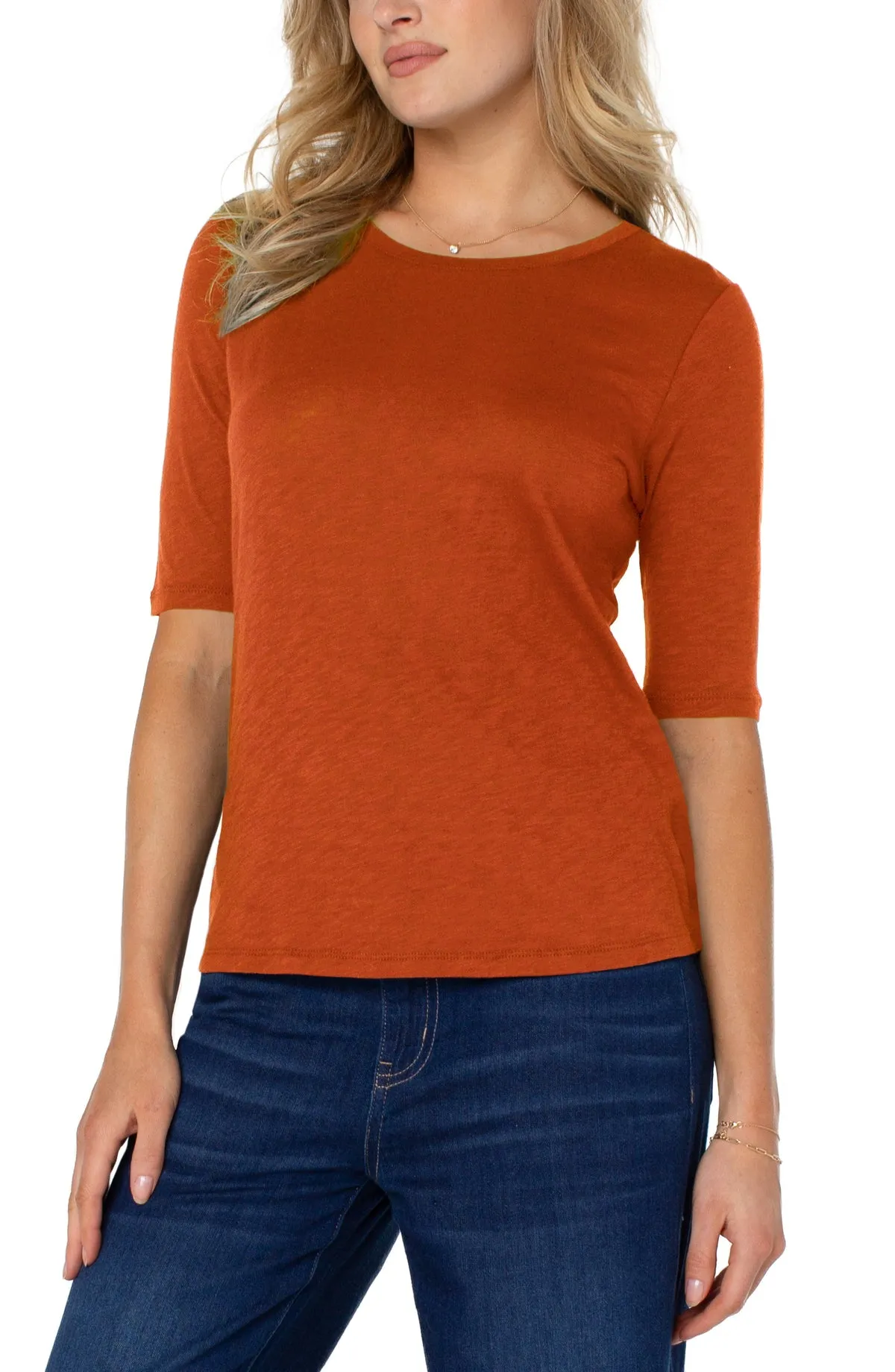 Half Sleeve Crew Neck Slub Knit Tee - Henna