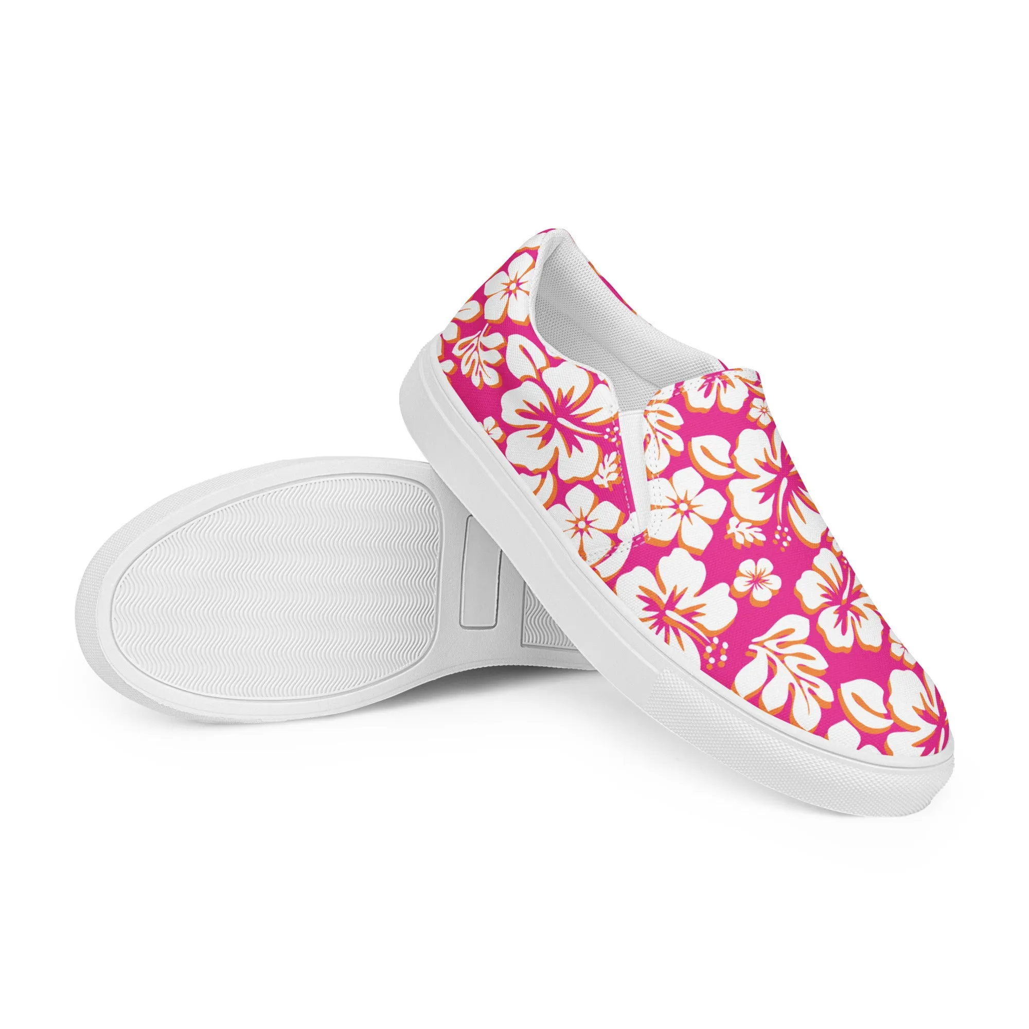 Hot Pink, Orange and White Hawaiian Flowers Men’s Slip On Canvas Shoes