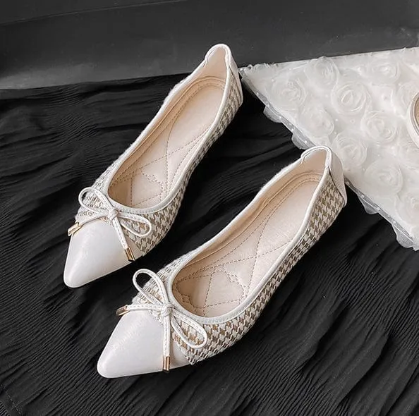 Houndstooth Pointed Toe Flats with Bow