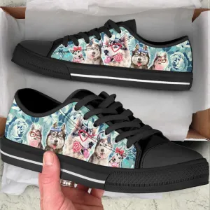 Husky Dog Flowers Pattern Low Top Shoes Canvas Sneakers Casual Shoes, Dog Printed Shoes, Canvas Shoes For Men, Women