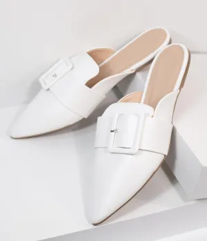 Ivory Leatherette Buckle Mule Flats