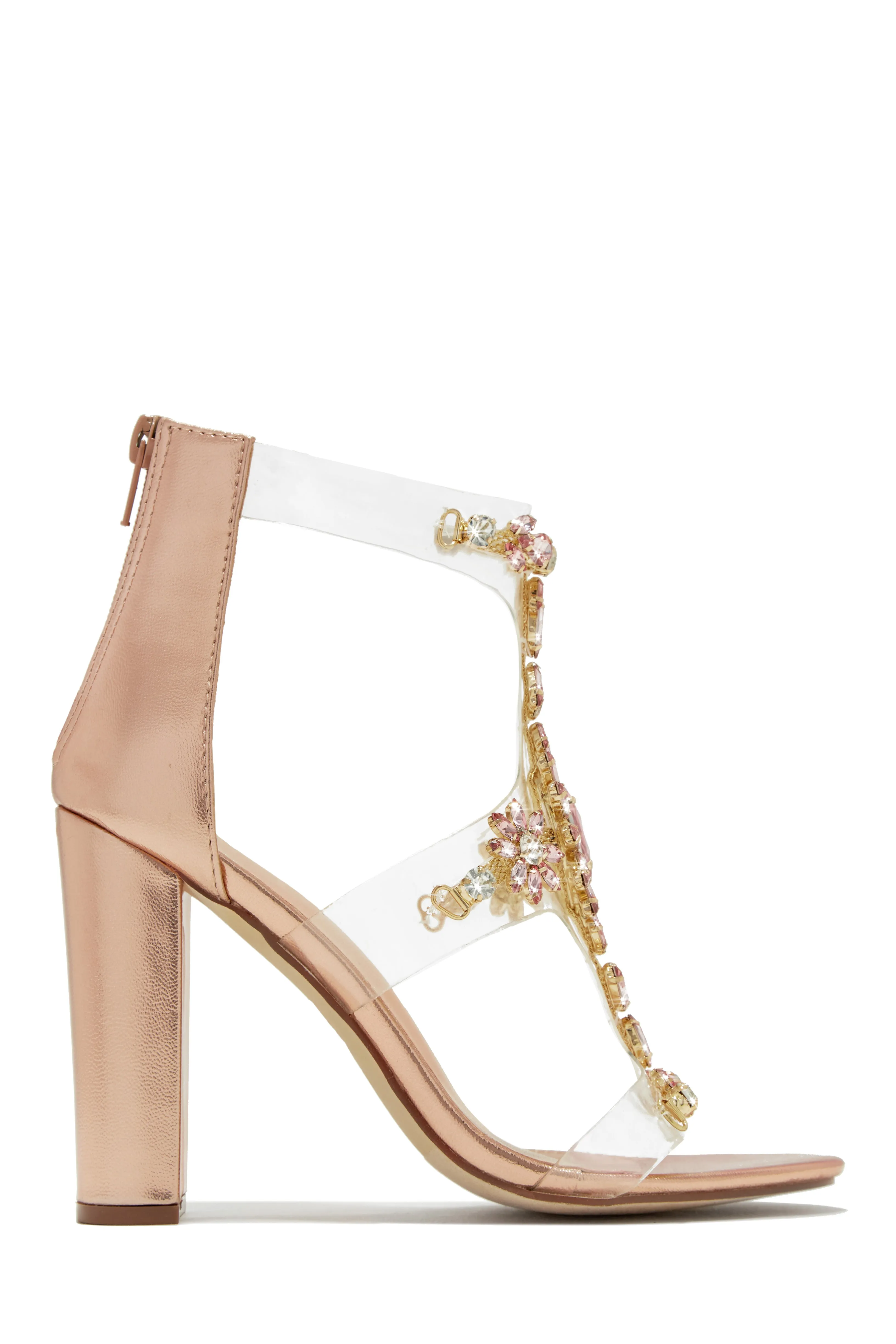 Queen Energy Embellished Clear Strap High Heels - Rose Gold