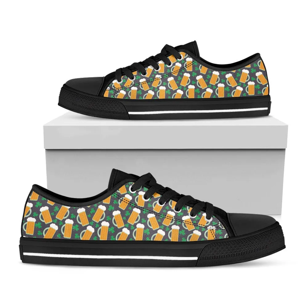 St Patrick's Day Shoes, Clover And Beer St. Patrick's Day Print Black Low Top Shoes, St Patrick's Day Sneakers, Animal Print Canvas Shoes, Print On Canvas Shoes