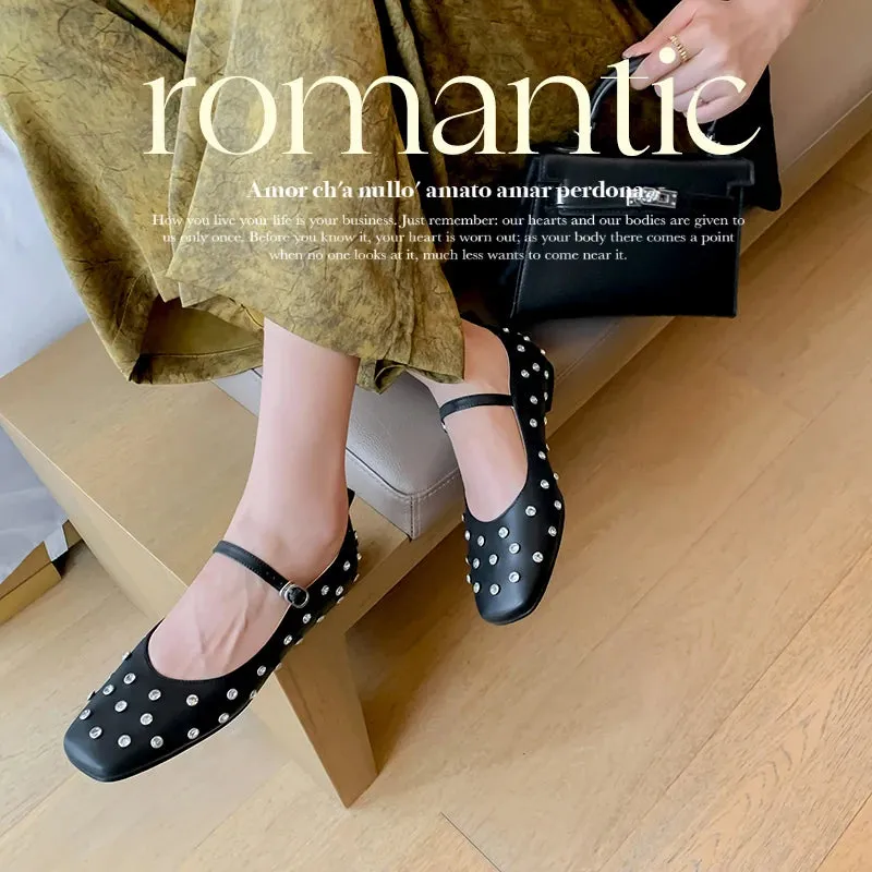 TAVIMART  -  Women Flats Genuine Leather s Mary Jane Flats Shoes Woman Buckles Spring Summer Fashion New Rivets Soft Leather Shoe