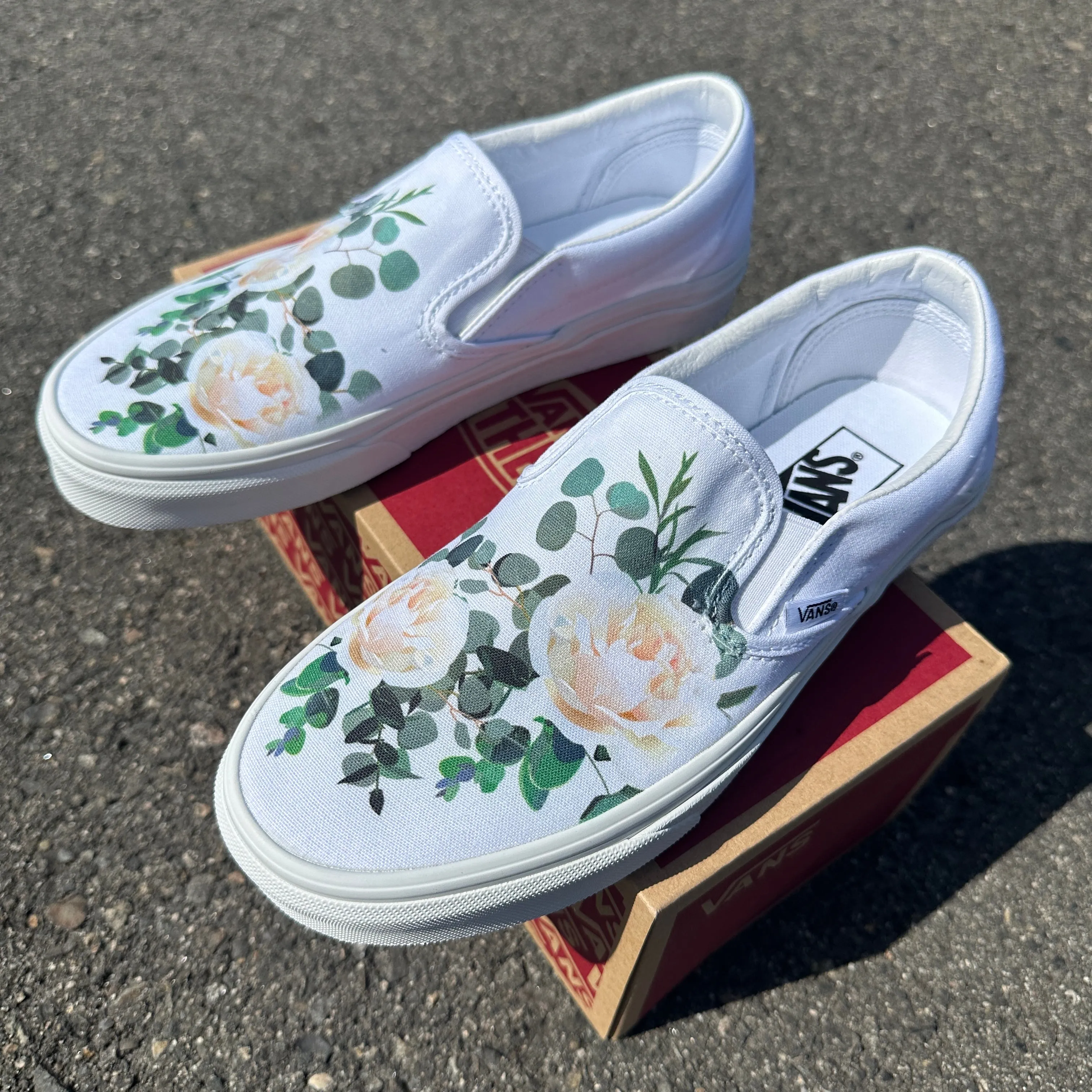 Wedding Roses on Custom White Slip On Vans Shoes for Women and Men