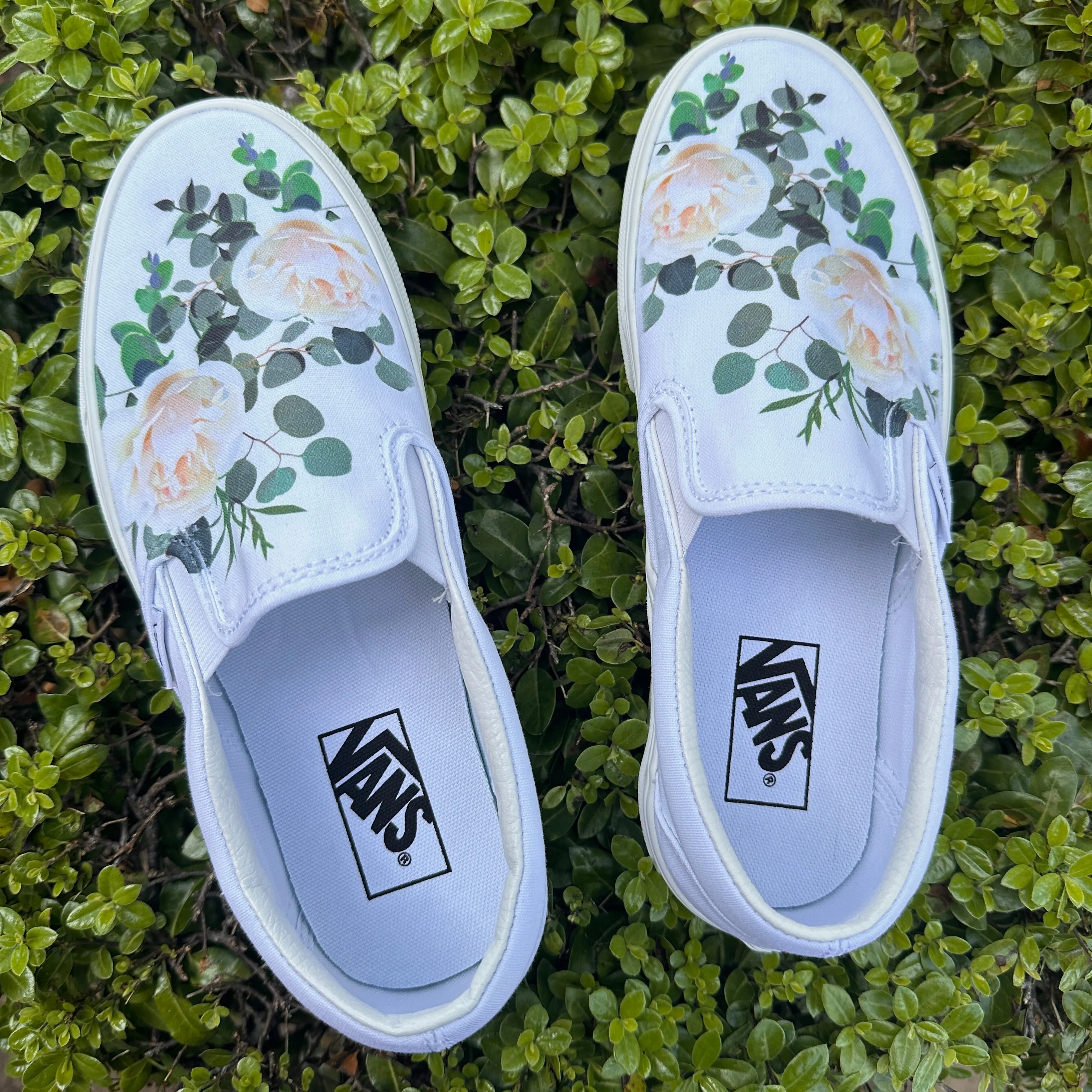 Wedding Roses on Custom White Slip On Vans Shoes for Women and Men