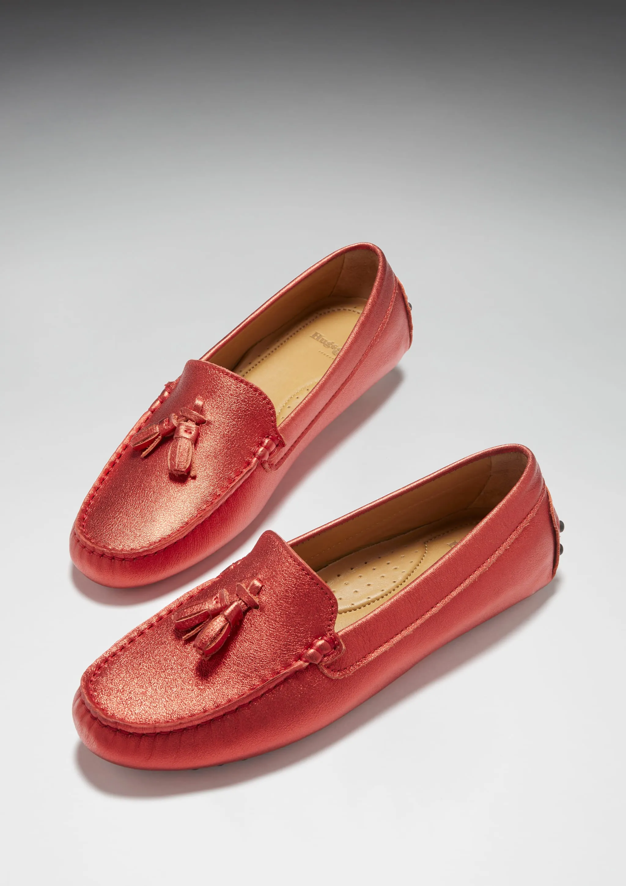 Women's Tasselled Driving Loafers, red metallic leather